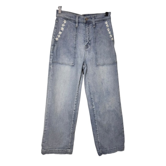 Gap High Rise Wide Leg Denim Blue Jeans Size 26 Embroidered Flowers & Bee - Picture 1 of 15